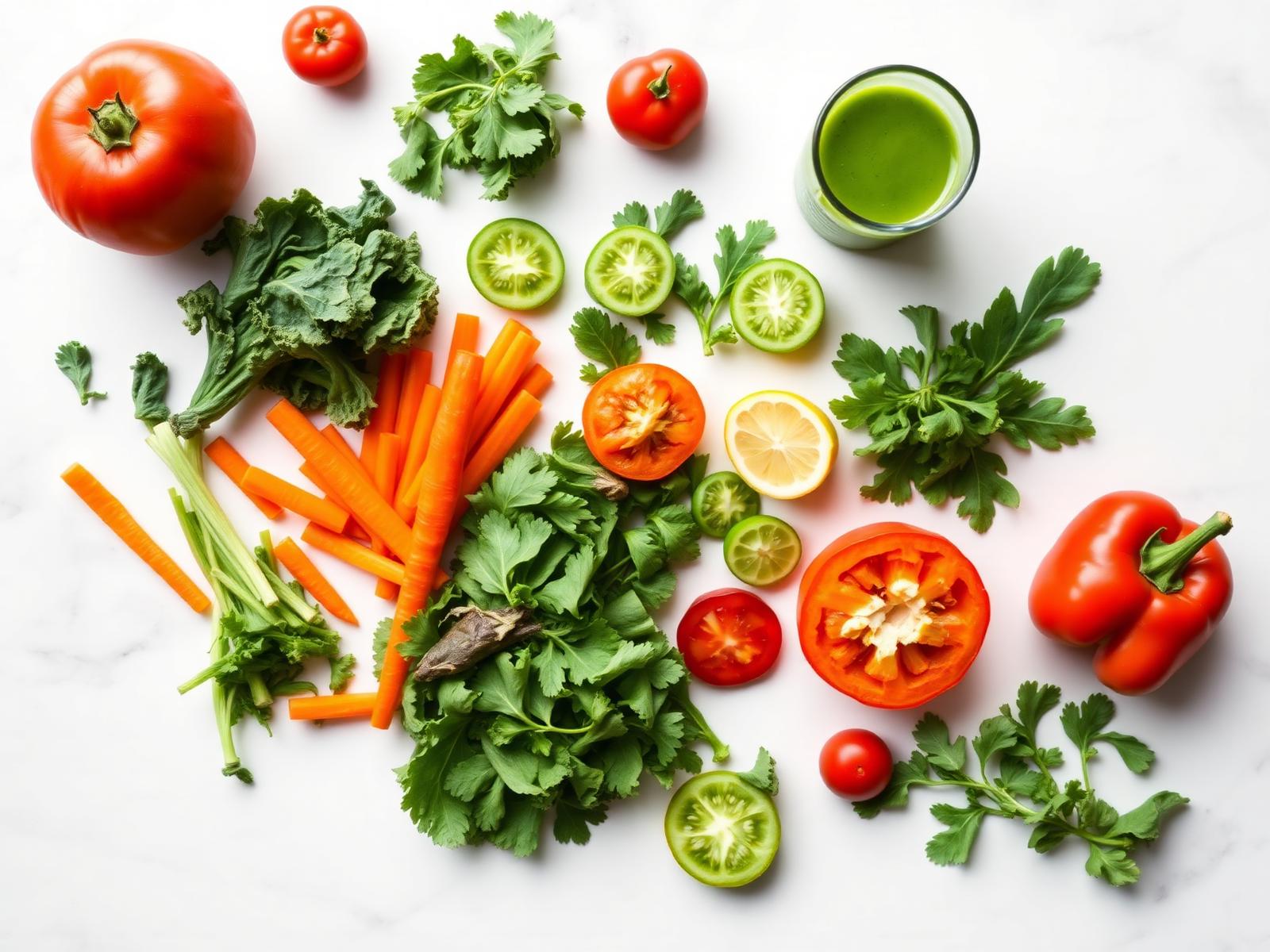 Freshly cut vegetables, leafy greens and a green health juice on a marble surface
